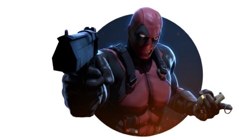 Battle Damaged Deadpool Pointing Gun and Holding Grenade 4K PC Wallpaper