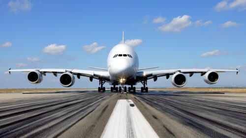 Airbus A380 Superjumbo Jet on Runway Front View Desktop Wallpaper