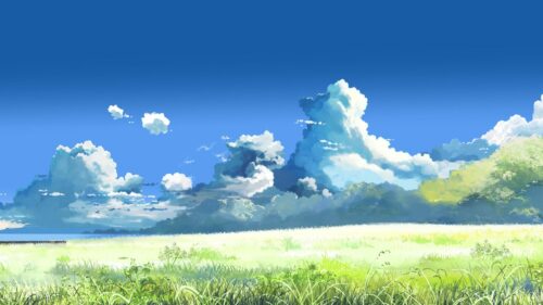 Stunning Anime Meadow Landscape with Cumulus Clouds PC Wallpaper