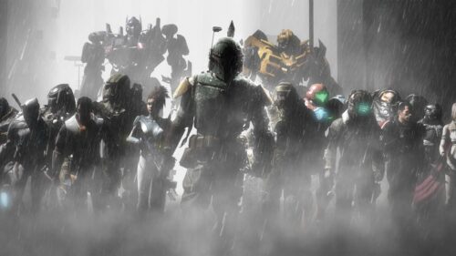 Epic Gaming Mashup with Boba Fett and Iconic Characters Desktop Wallpaper