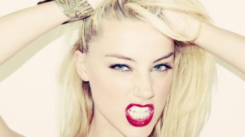 Stunning Amber Heard Portrait with Bold Red Lips Desktop Wallpaper
