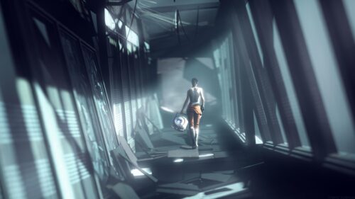 Portal 2 Chell Walking Through Ruined Aperture Science Facility PC Wallpaper