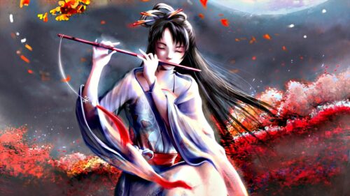 Beautiful Anime Girl Playing Traditional Flute in Red Autumn Forest PC Wallpaper