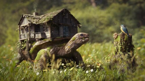 Giant Turtle Carrying a Whimsical Wooden House in a Lush Forest 4K Wallpaper