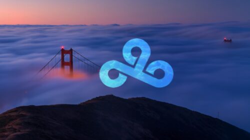 Cloud9 Esport Logo over Golden Gate Bridge in Fog 4K Desktop Wallpaper