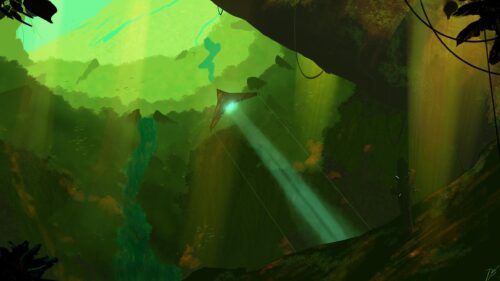Futuristic Spaceship Over Green Jungle Landscape 4K Wallpaper