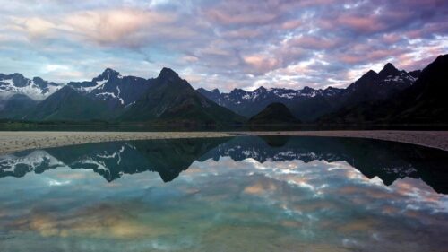 Breathtaking Mountain Reflection Over Calm Lake at Sunset PC Wallpaper