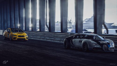 Bugatti Veyron and Subaru WRX STI Racing Desktop Wallpaper