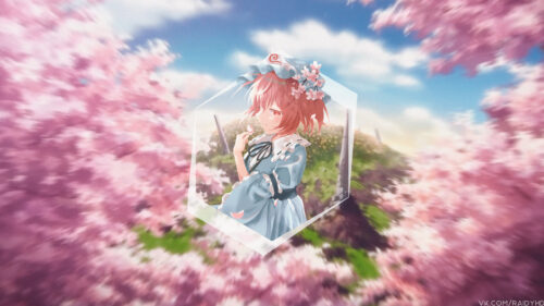 Beautiful Anime Girl in Cherry Blossom Garden Desktop Wallpaper