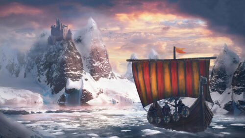 Epic Viking Longship Sailing Through Frozen Arctic Waters PC Wallpaper