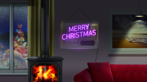 Cozy Living Room with Merry Christmas Neon Sign and Fireplace PC Wallpaper