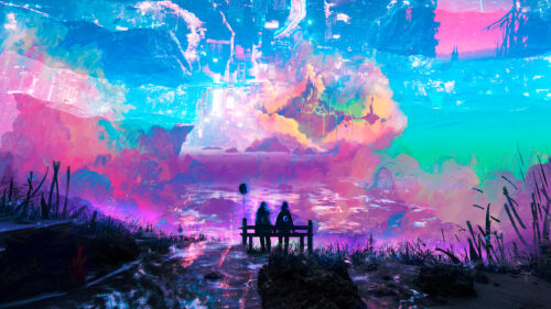 Surreal Dreamscape with Two Figures Looking at a Floating City 4K Wallpaper