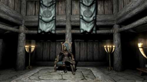 Skyrim Dragonborn Character Sitting on Throne in Solitude 4K Wallpaper