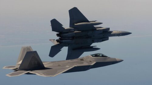 US Air Force F-22 Raptor and F-15 Eagle Fighter Jets Formation Flight 4K Wallpaper