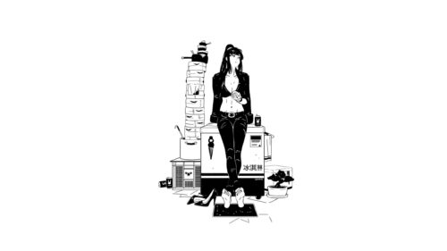 Minimalist Anime Girl Illustration Black and White Desktop Wallpaper