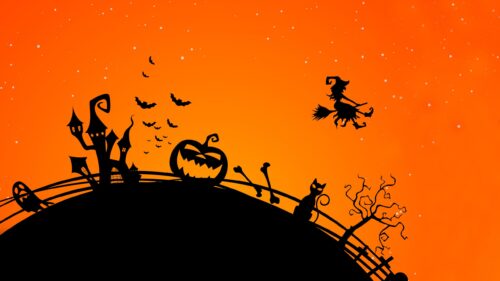 Spooky Halloween Night Silhouette with Witch and Pumpkin PC Wallpaper