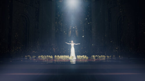 Ethereal Woman in White Dress Surrounded by Lilies in a Dark Cathedral PC Wallpaper