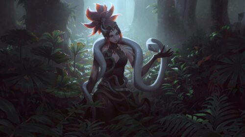 Mystical Sorceress with White Snake in Enchanted Forest 4K Wallpaper