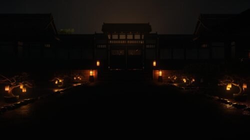 Mysterious Japanese Temple Entrance with Glowing Lanterns Desktop Wallpaper