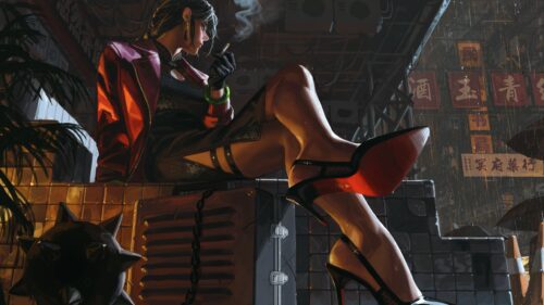 Cyberpunk Woman Smoking in Rain Drenched City Street 4K Wallpaper