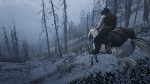 Arthur Morgan Riding White Horse in Snowy Forest Red Dead Redemption 2 4K Wallpaper