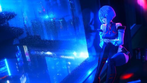 Futuristic Anime Girl in Rainy Neon City Cyberpunk 4K Wallpaper