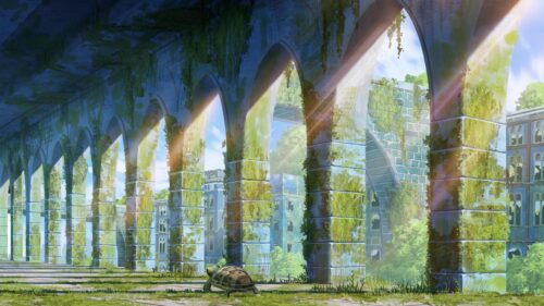 Post-Apocalyptic Overgrown City Ruins with Turtle 4K Desktop Wallpaper