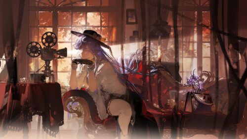 Anime Girl Watching Vintage Film Projector Retro Room Aesthetic PC Wallpaper