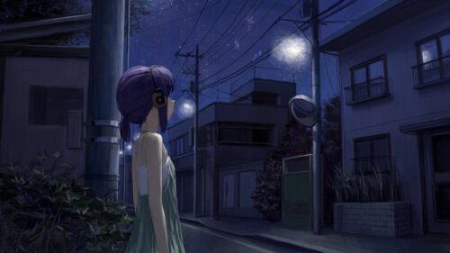 Anime Girl Standing in Quiet Night Street With Headphones 4K Wallpaper
