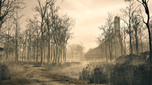 Post Apocalyptic Wasteland Foggy Forest and Ruined Building 4K Wallpaper
