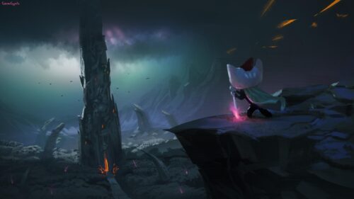 Little Warrior Cat Standing Before a Dark Fantasy Spire Desktop Wallpaper