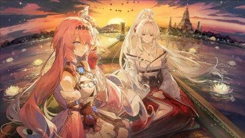 Beautiful Anime Girls on a Boat at Sunset 4K PC Wallpaper