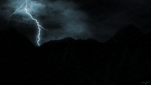 Dramatic Night Lightning Strike Over Dark Mountain Peaks PC Wallpaper