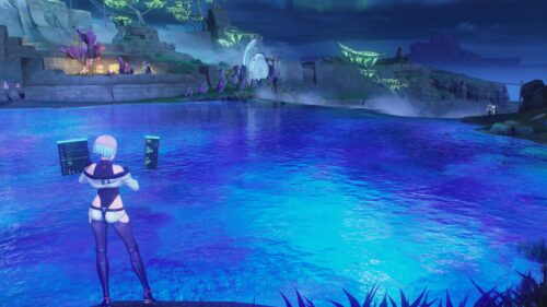 Anime Girl Hacker at Glowing Alien Lake Sci-Fi Desktop Wallpaper