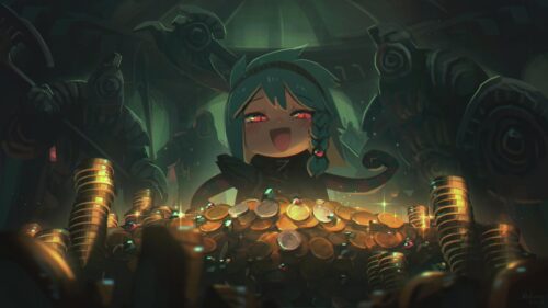 Chibi Anime Girl Surrounded by Golden Coins Dark Fantasy 4K Wallpaper