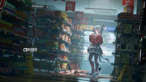 Anime Girl Standing in a Grocery Store 4K PC Wallpaper
