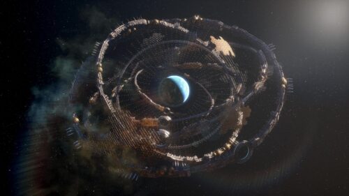 Epic Sci-Fi Space Station Orbiting Planet 4K Wallpaper