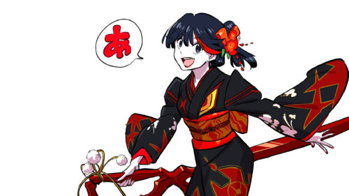Anime Girl in Traditional Black and Red Kimono Art PC Wallpaper