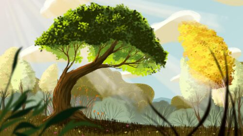Enchanting Digital Art Landscape with Lush Green Tree and Golden Sunbeams PC Wallpaper
