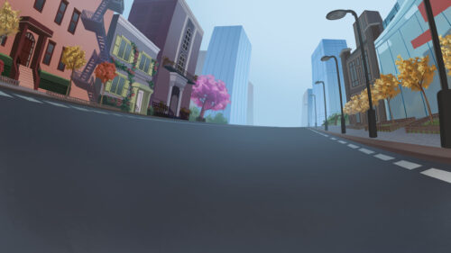 Anime City Street Perspective with Autumn Trees Desktop Wallpaper