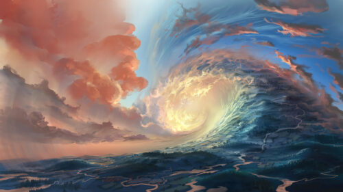 Surreal Fantasy Landscape with Swirling Clouds and Glowing Horizon 4K Wallpaper