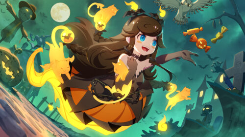 Cute Anime Halloween Girl with Glowing Spirit Cats 4K PC Wallpaper