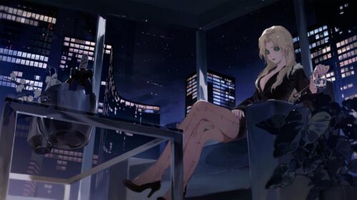 Anime Girl Lounging in Luxury Penthouse at Night 4K Wallpaper