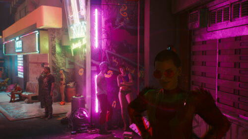 Cyberpunk 2077 Night City Street Scene with Stylized Characters 4K Wallpaper