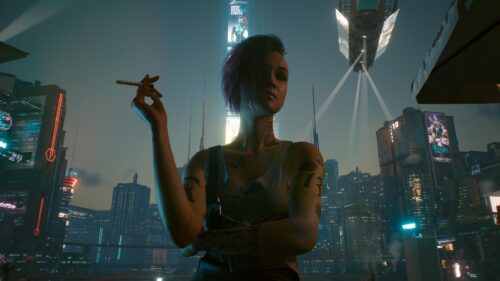 Cyberpunk 2077 Judy Alvarez Smoking in Night City Desktop Wallpaper