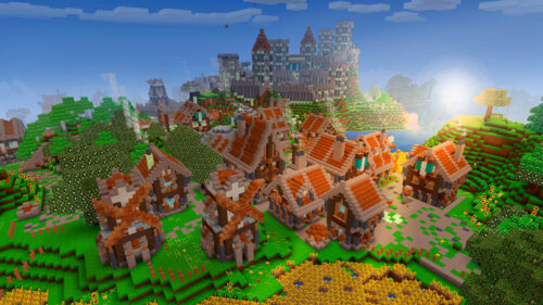 Epic Minecraft Medieval Village and Castle Landscape 4K PC Wallpaper