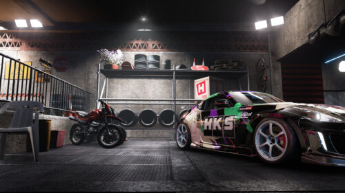 Custom HKS Livery Drift Car and Dirt Bike in Garage 4K PC Wallpaper