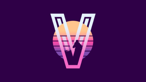 Retro Synthwave Aesthetic Letter V with Sunset Silhouette PC Wallpaper