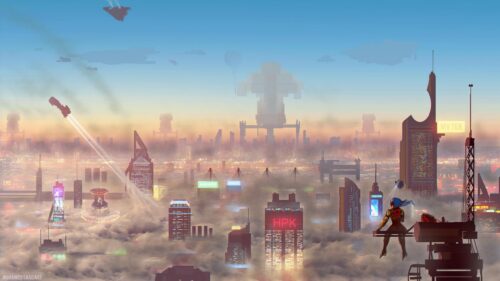 Futuristic Cyberpunk Cityscape with Flying Ships and Character 4K Wallpaper