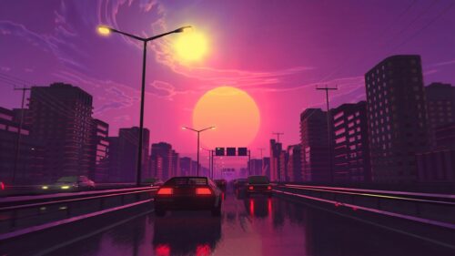Retro Synthwave City Sunset Highway Aesthetic 4K Wallpaper